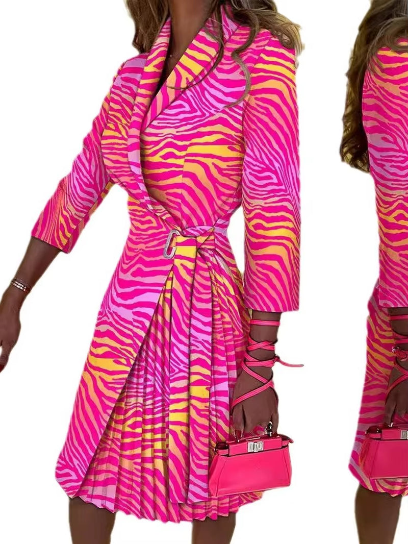 Autumn V-Neck Cinched Waist Printed Dress