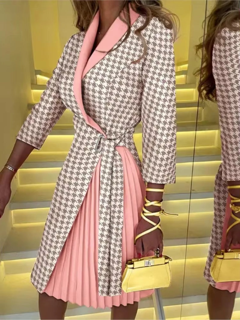 Autumn V-Neck Cinched Waist Printed Dress