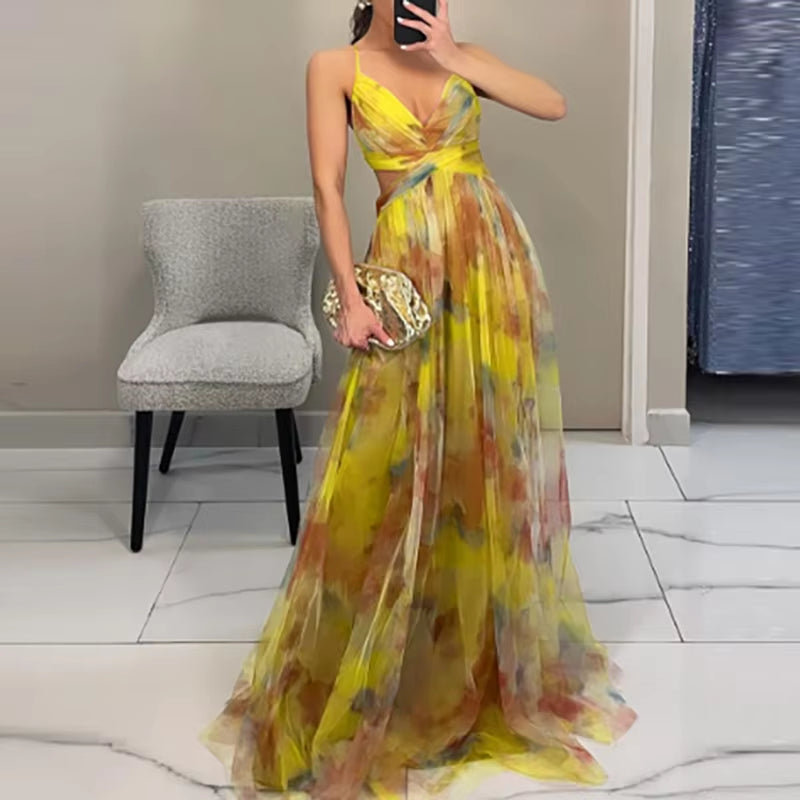 Elegant Pleated Mesh Evening Dress