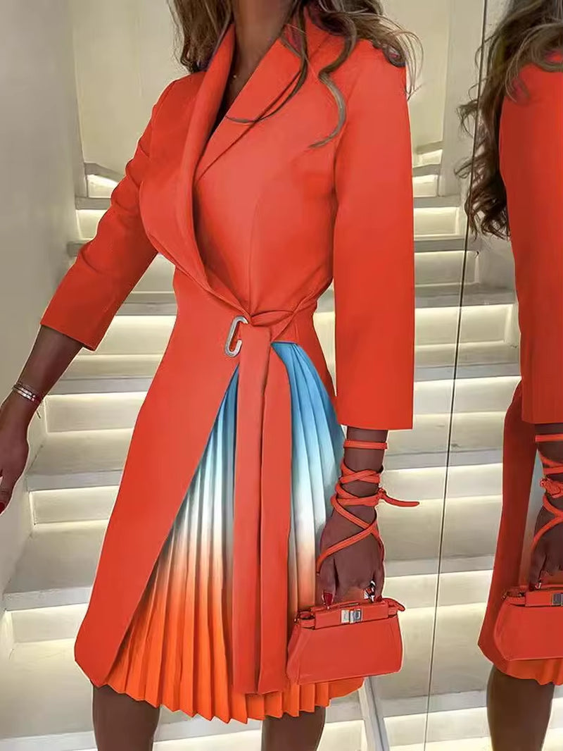 Autumn V-Neck Cinched Waist Printed Dress